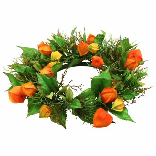 Couronne de physalis artificielle, orange et verte, Ø 28 cm, décoration d'automne | Floristik24.be
