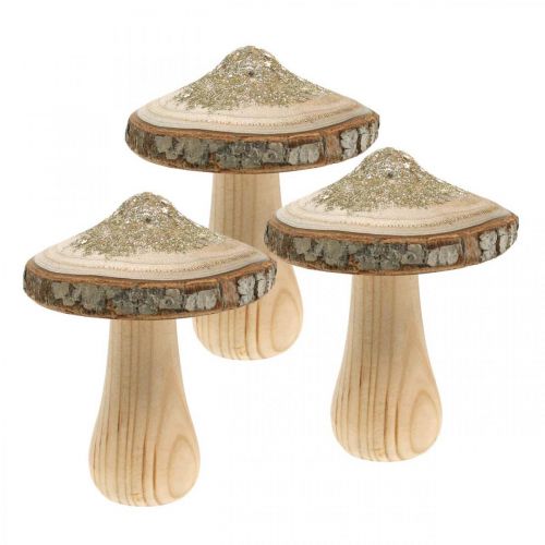 Champignon en bois écorce et paillettes déco champignons bois H8.5cm 4pcs