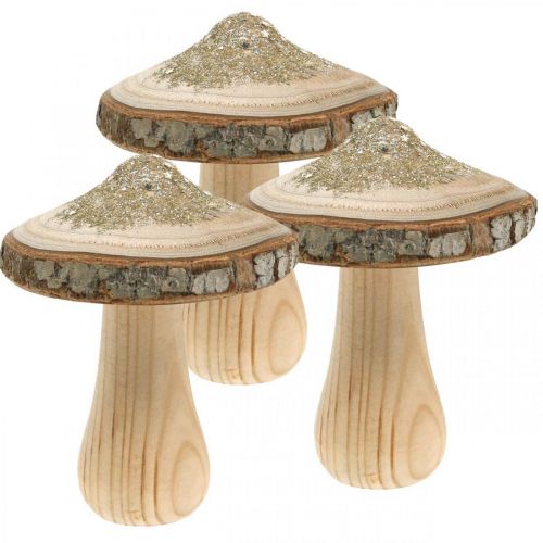 Champignon en bois écorce et paillettes déco champignons bois H11cm 3pcs