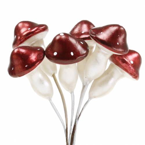 Floristik24 Toadstool sur fil rouge, blanc métallisé 2cm 48pcs