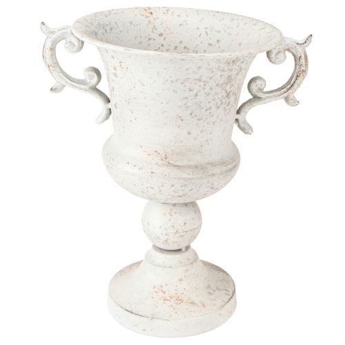 Article Coupe avec anse jardinière décorative en métal gris blanc H29,5 cm