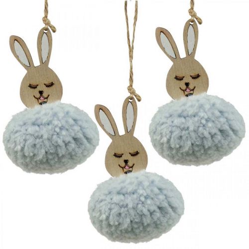 Floristik24 Puschelbunny bleu déco pendentif bois peluche environ 7×7×10cm 6pcs