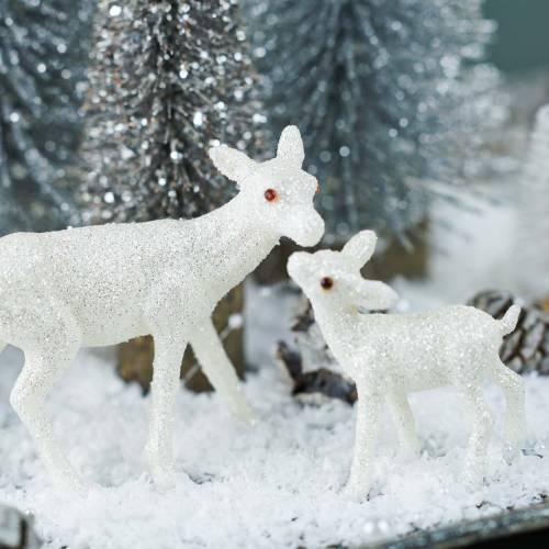 Floristik24 Cerf au faon 10cm blanc avec mica