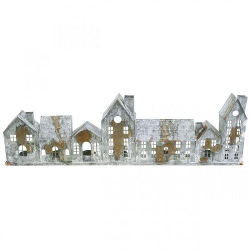 Maisons pour l&#39;éclairage, décorations de fenêtres, maisons lumineuses argent, lumière du vent en métal aspect antique L67.5cm H20cm