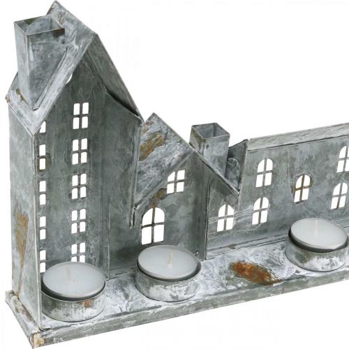 Floristik24 Maisons pour l&#39;éclairage, décorations de fenêtres, maisons lumineuses argent, lumière du vent en métal aspect antique L67.5cm H20cm