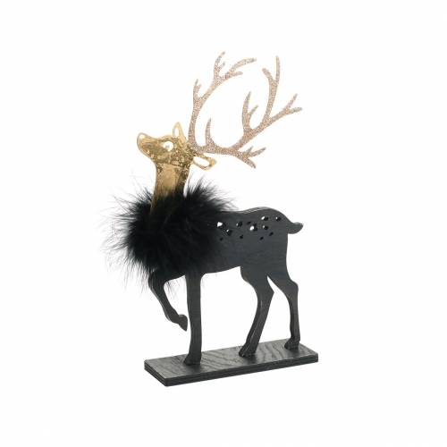 Floristik24 Décoration pour la table de Noël renne avec boa de plumes et paillettes noir, doré 22,5 × 13cm 2pcs