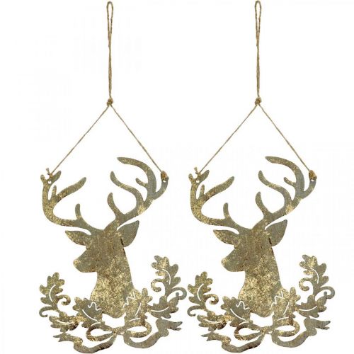 Article Renne à suspendre, décoration de Noël, tête de cerf, pendentif en métal doré aspect antique H23cm 2 pièces