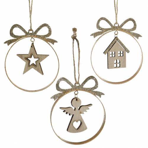 Cintre décoratif boule de sapin de Noël avec étoile, ange et maison en métal, bois Ø8,5cm H11cm 3pcs