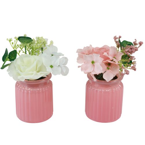 Article Rose artificielle en pot en verre rose blanc H16cm 2pcs