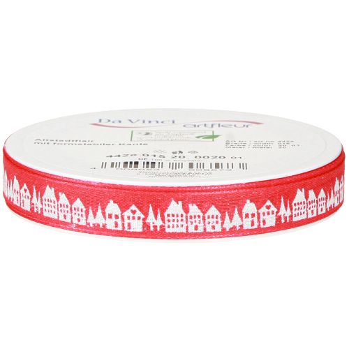 Article Ruban de Noël rouge avec maisons blanches 15 mm 20 m