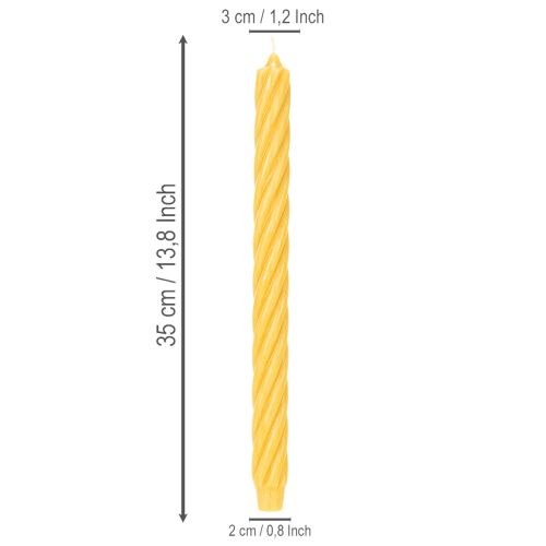 Bougies rustiques torsadées, grandes bougies coniques, jaune uni, 350/28 mm, lot de 4 | Floristik24.be