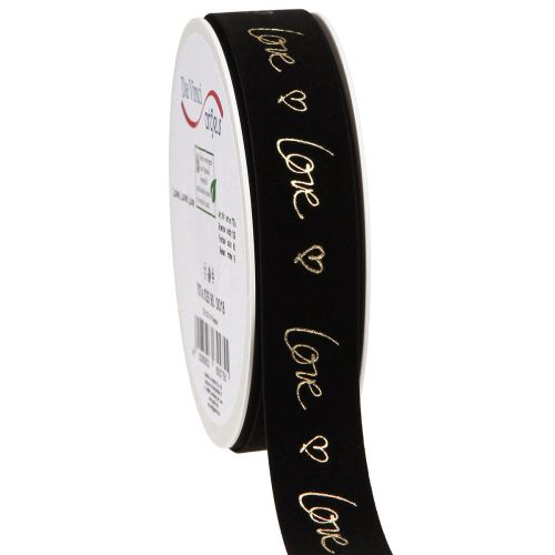 Floristik24 Ruban velours Amour ruban de deuil coeurs or noir 25mm 18m