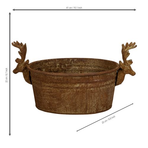 Bol décoratif ovale en forme de tête de renne, couleur rouille, style rustique, 41 cm | Floristik24.be