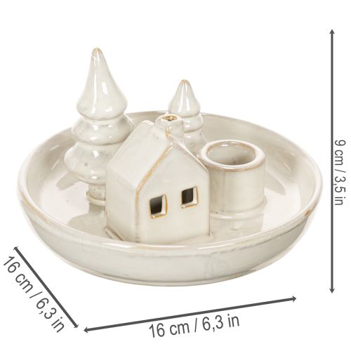 Bougeoir décoratif en céramique avec maison et arbres, 16 cm | Floristik24.be