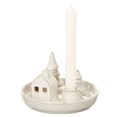 Bougeoir décoratif en céramique avec maison et arbres, 16 cm | Floristik24.be