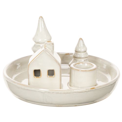 Bougeoir décoratif en céramique avec maison et arbres, 16 cm | Floristik24.be
