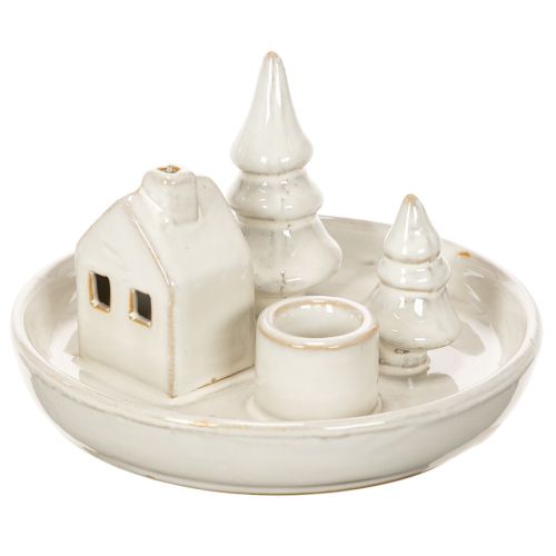 Bougeoir décoratif en céramique avec maison et arbres, 16 cm | Floristik24.be