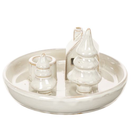Bougeoir décoratif en céramique avec maison et arbres, 16 cm | Floristik24.be