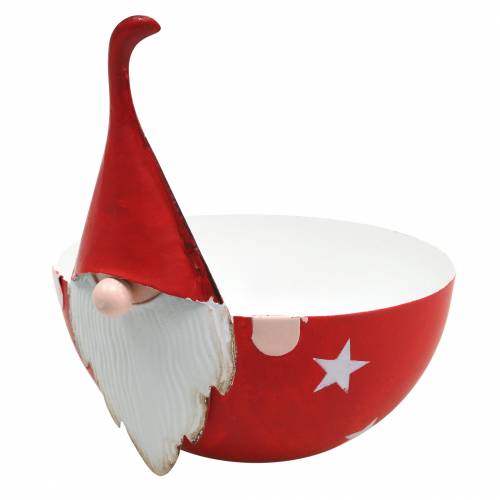 Floristik24 Bol déco gnome rouge, métal blanc Ø14cm H16cm Bol Père Noël