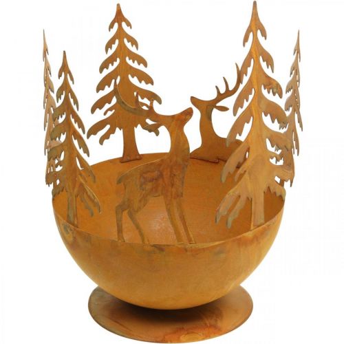 Article Bol en métal avec cerf, décoration forêt pour l&#39;Avent, récipient décoratif en acier inoxydable Ø25cm H29cm
