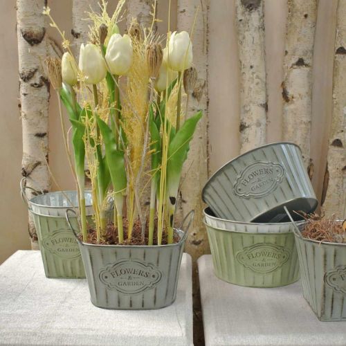 Floristik24 Pot de fleurs en métal avec anses vert, blanc, gris L24cm H14,5cm 3pcs