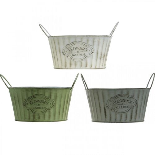 Floristik24 Coupe en métal, pot de fleur de printemps, jardinière avec anses vert, blanc, gris Ø21cm H15.5cm lot de 3