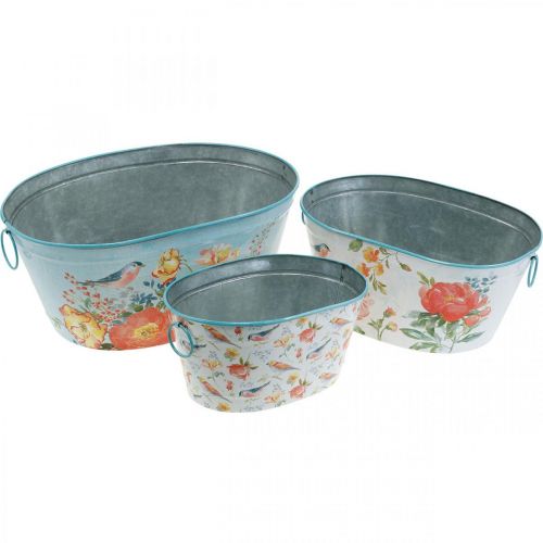 Bols à plantes, printemps, jardinière fleurs / oiseaux, pot en métal ovale L39 / 31 / 24.5cm lot de 3