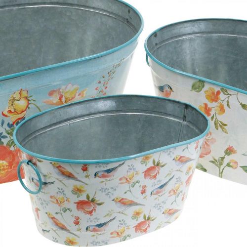 Article Bols à plantes, printemps, jardinière fleurs / oiseaux, pot en métal ovale L39 / 31 / 24.5cm lot de 3