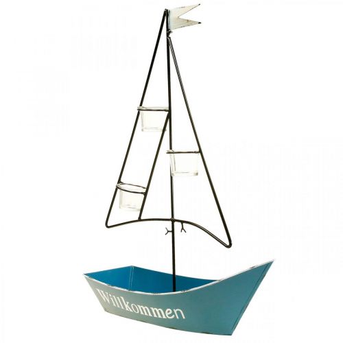 Floristik24 Lanterne métal bateau décoration maritime bleu 38x14x55cm