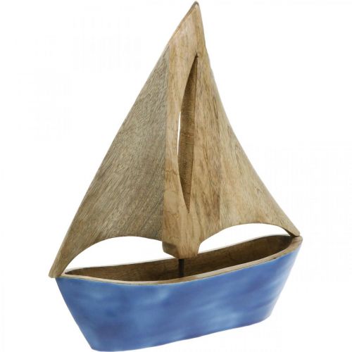 Déco voilier en bois de manguier, bateau en bois bleu H27,5cm
