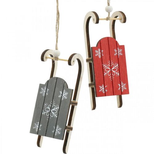 Luge en bois, décoration hiver à accrocher, décoration pour l&#39;Avent gris/rouge L13cm 6pcs