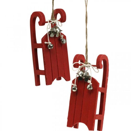 Luge déco bois rouge avec cordon grelot L13cm 4pcs