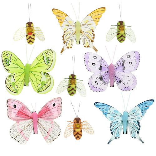 Floristik24 Décoration papillon, abeille sur pince 4cm - 8cm 9 pcs