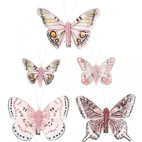 Floristik24 Papillons déco avec pince, papillons en plumes roses 4,5-8cm 10p