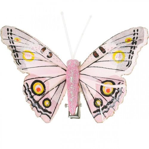 Floristik24 Papillons déco avec pince, papillons en plumes roses 4,5-8cm 10p