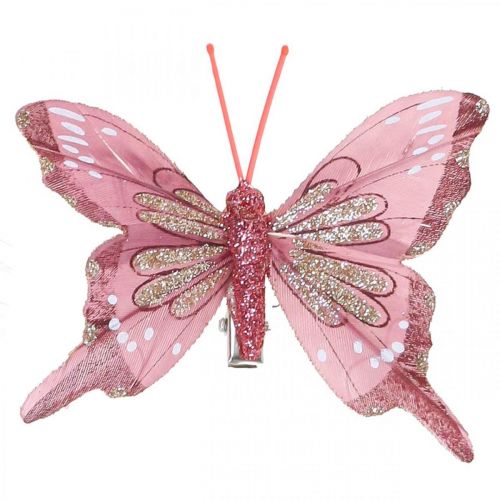 Article Papillons déco avec pince, papillons en plumes rose 4,5–8cm 10pcs