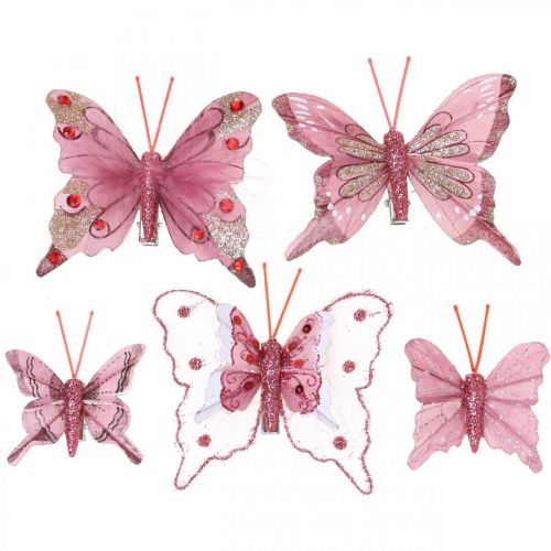 Floristik24 Papillons déco avec pince, papillons en plumes rose 4,5–8cm 10pcs