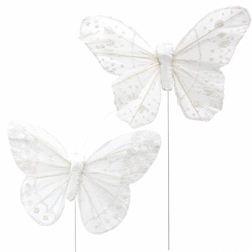 Papillon plume sur fil blanc avec paillettes 10cm 12pcs