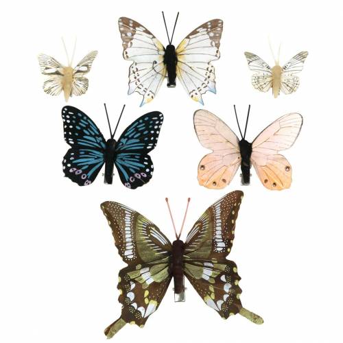 Floristik24 Papillon déco avec clip métal nature assorti H4.9cm/5.8cm/7.4cm 6pcs