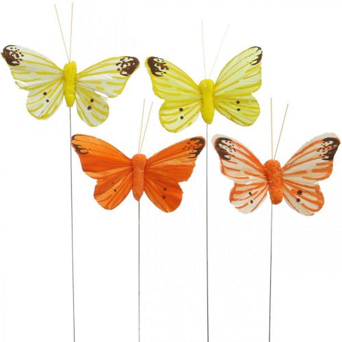 Floristik24 Papillons déco, bouchons fleuris, papillons printaniers sur fil jaune, orange 4×6.5cm 12pcs
