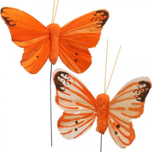 Floristik24 Papillons déco, bouchons fleuris, papillons printaniers sur fil jaune, orange 4×6.5cm 12pcs
