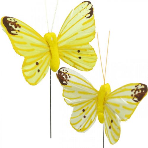 Floristik24 Papillons déco, bouchons fleuris, papillons printaniers sur fil jaune, orange 4×6.5cm 12pcs