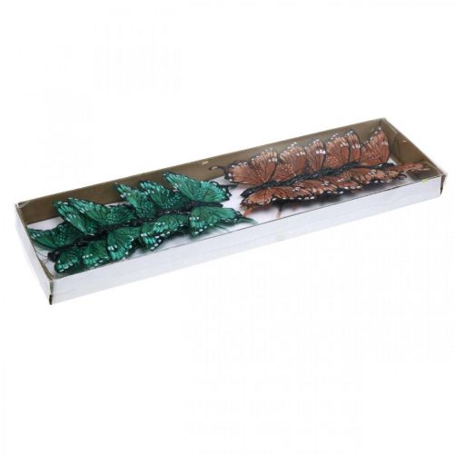 Floristik24 Papillons déco, déco printanière, papillons plumes, bouchons végétaux vert, marron 9.5×12.5cm 12pcs