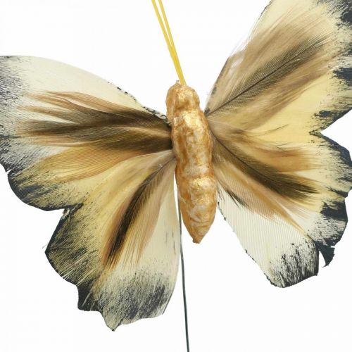 Floristik24 Papillon déco, décoration printanière, mite sur fil marron, jaune, blanc 6×9cm 12pcs
