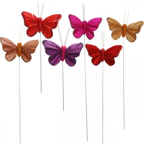 Printemps, papillons en plumes avec mica, papillon décoratif rouge, orange, rose, violet 4×6,5cm 24 pcs