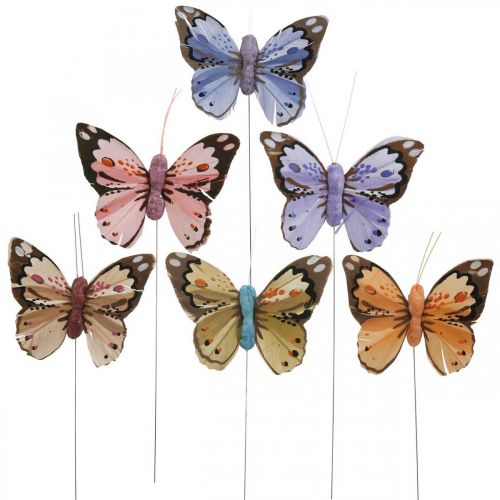 Floristik24 Papillons en plumes, papillons décoratifs sur un bâton, bouchons de fleurs rose, orange, violet, marron, bleu, beige 6×8cm 12pcs