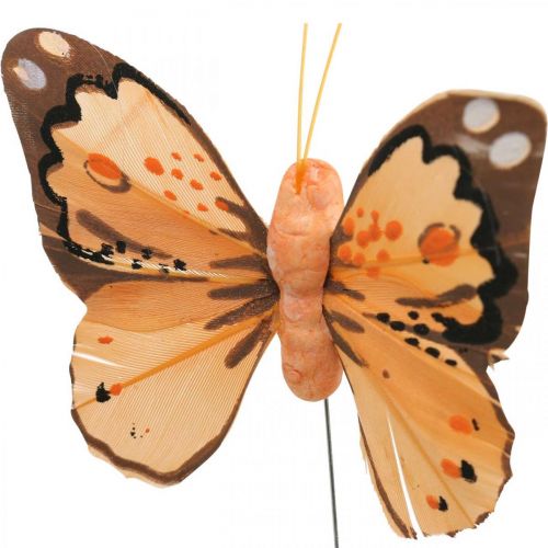 Floristik24 Papillons en plumes, papillons décoratifs sur un bâton, bouchons de fleurs rose, orange, violet, marron, bleu, beige 6×8cm 12pcs