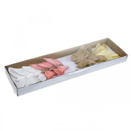 Floristik24 Papillons avec mica, décoration de mariage, bouchon décoratif, papillon plume jaune, beige, rose, blanc 9,5×12,5cm 12 pcs