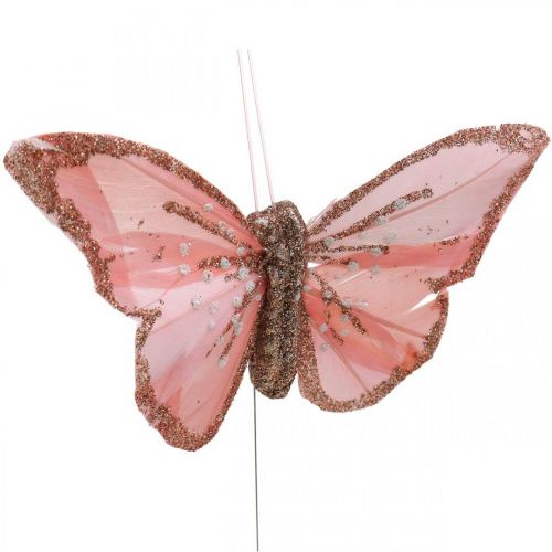 Floristik24 Papillons avec mica, décoration de mariage, bouchon décoratif, papillon plume jaune, beige, rose, blanc 9,5×12,5cm 12 pcs