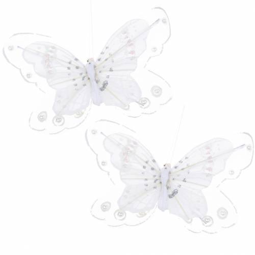 Floristik24 Papillon plume sur clip blanc 10cm 12 p